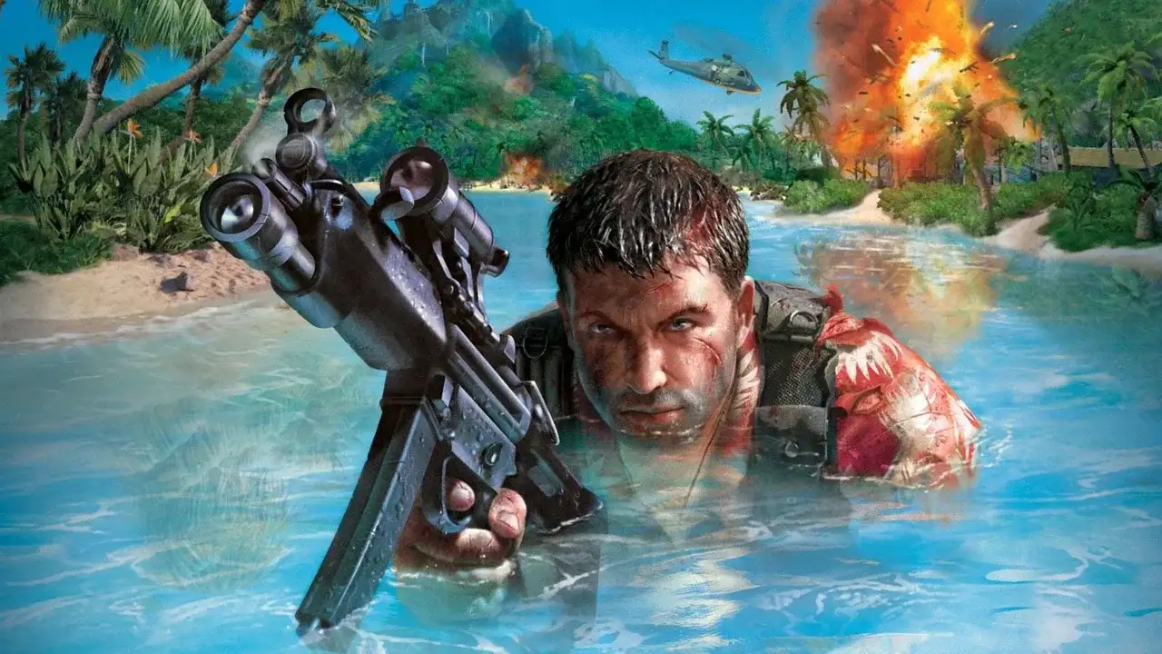 Jack Carver sneaks through tropical waters in Far Cry while explosions erupt behind him.