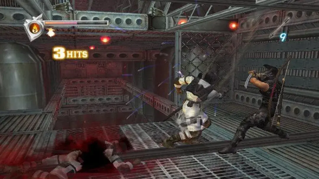 Ryu Hayabusa fights heavily armed enemies in an intense combat sequence from Ninja Gaiden.