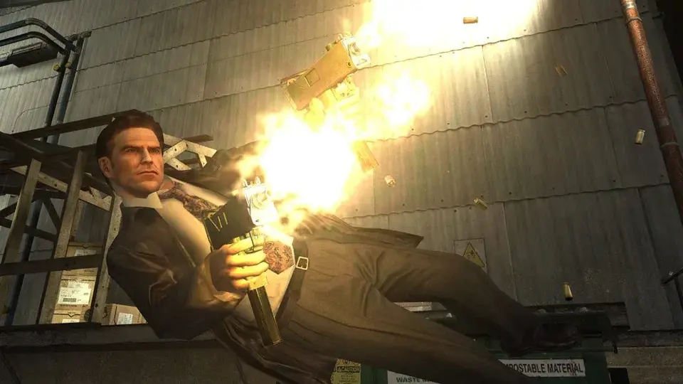 Max Payne performs a dramatic slow-motion gunfight in Max Payne 2: The Fall of Max Payne.