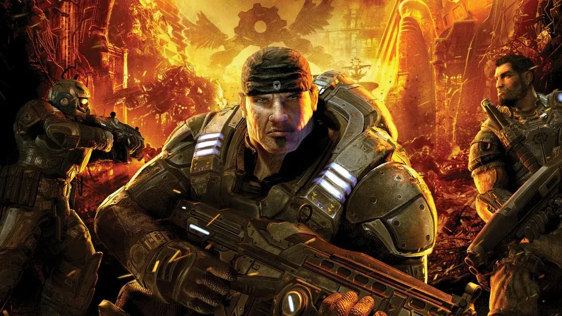 Marcus Fenix leads Delta Squad into battle in Gears of War.