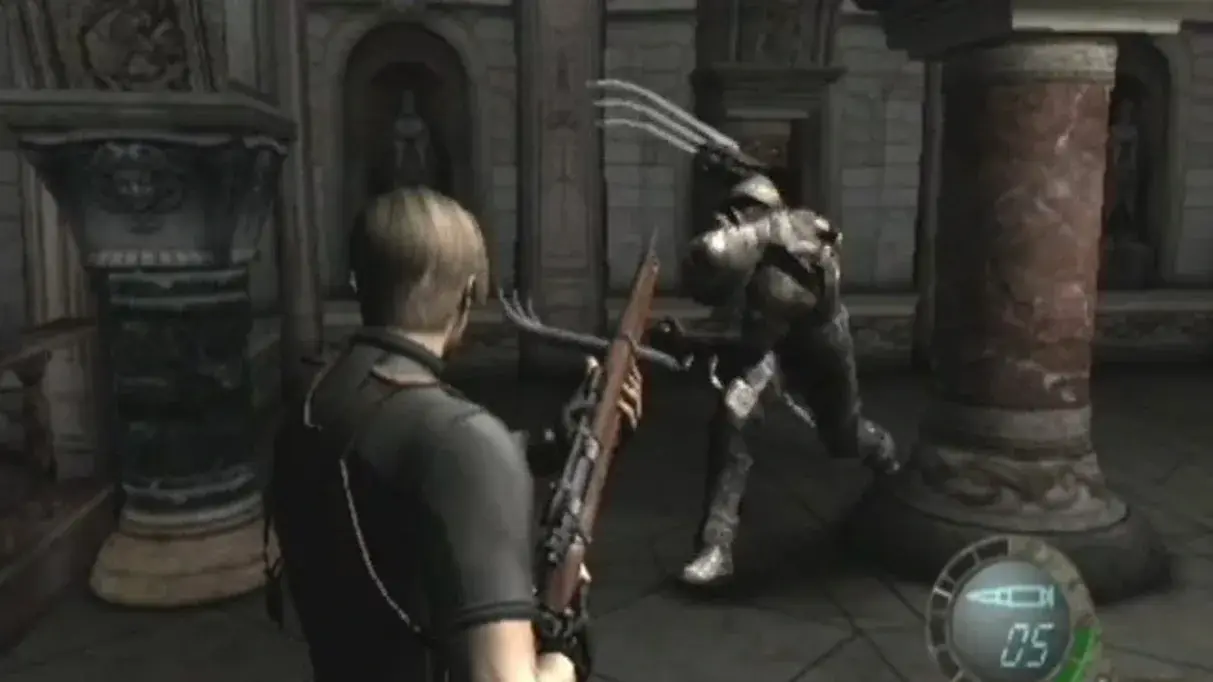 Leon S. Kennedy confronts a hostile enemy inside a castle in Resident Evil 4.