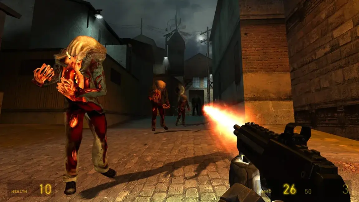 The player battles zombies with an SMG in a dark street in Half-Life 2.