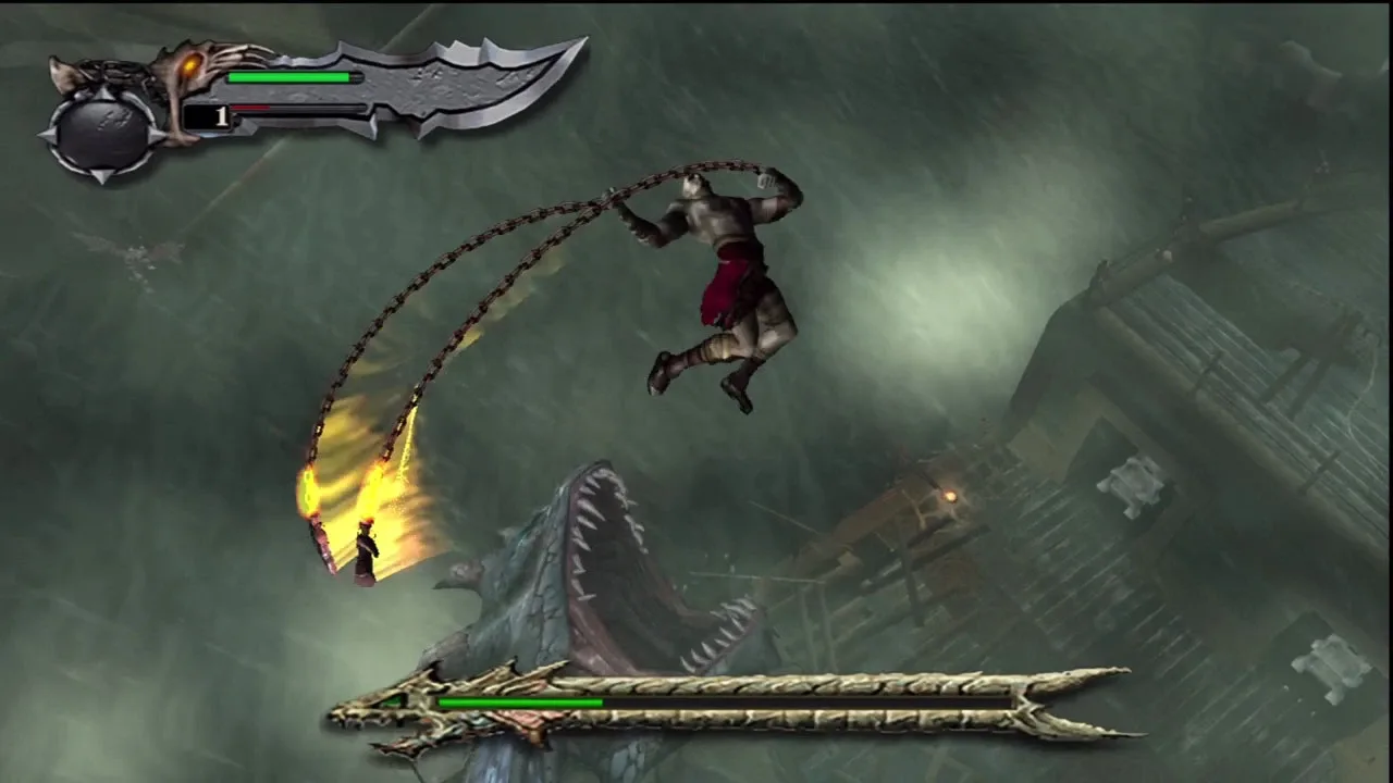 Kratos swings the Blades of Chaos during a boss fight in God of War.
