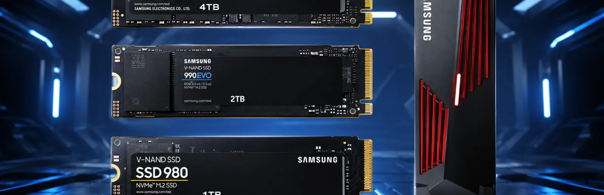 Samsung SSD drives on a futuristic technology background representing modern gaming hardware and storage solutions.