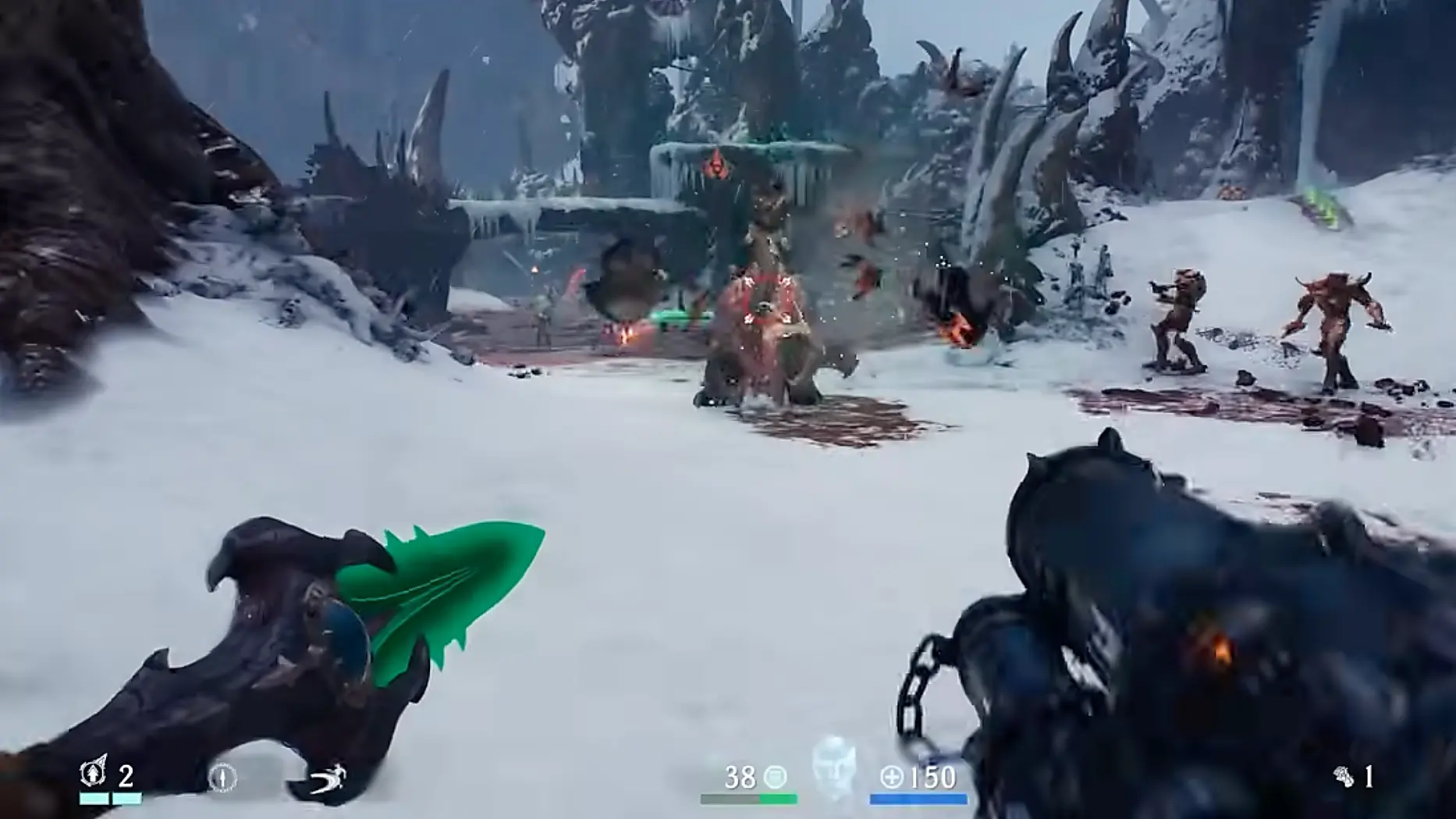 The Dark Ages - Slayer fights hordes of demons with the Chain Spear in a snowy battlefield.