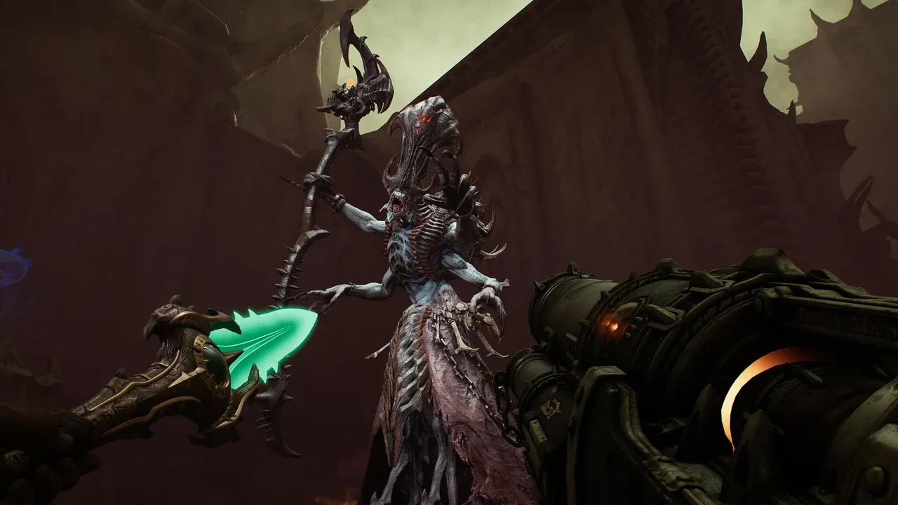 The Doom Slayer confronts a towering demon boss using the Chain Spear in DOOM: The Dark Ages – Revelations.