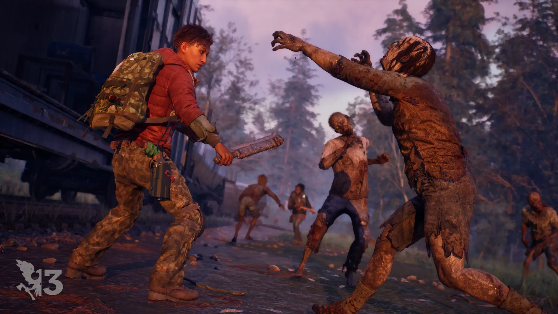 A State of Decay 3 survivor fights approaching zombies with a blade near an abandoned train.