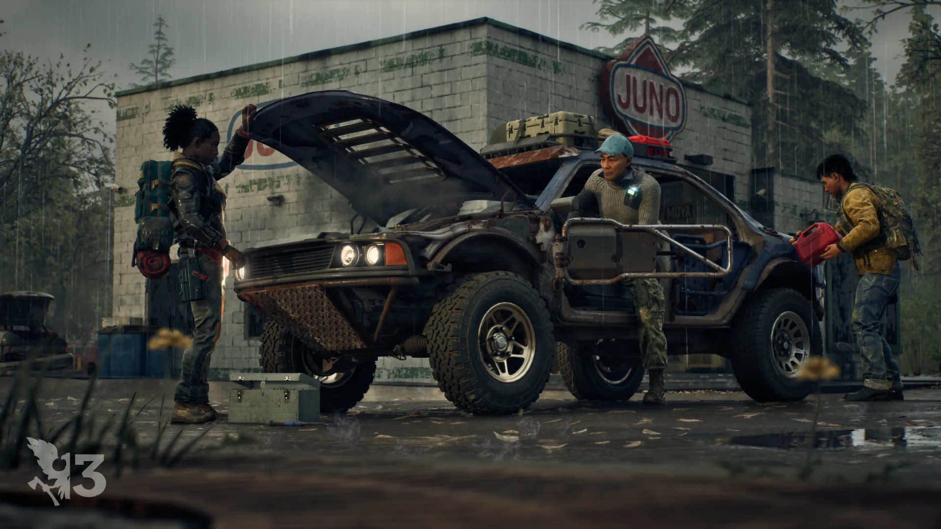 Three State of Decay 3 survivors repair and refuel a rugged car outside a Juno garage in the rain.
