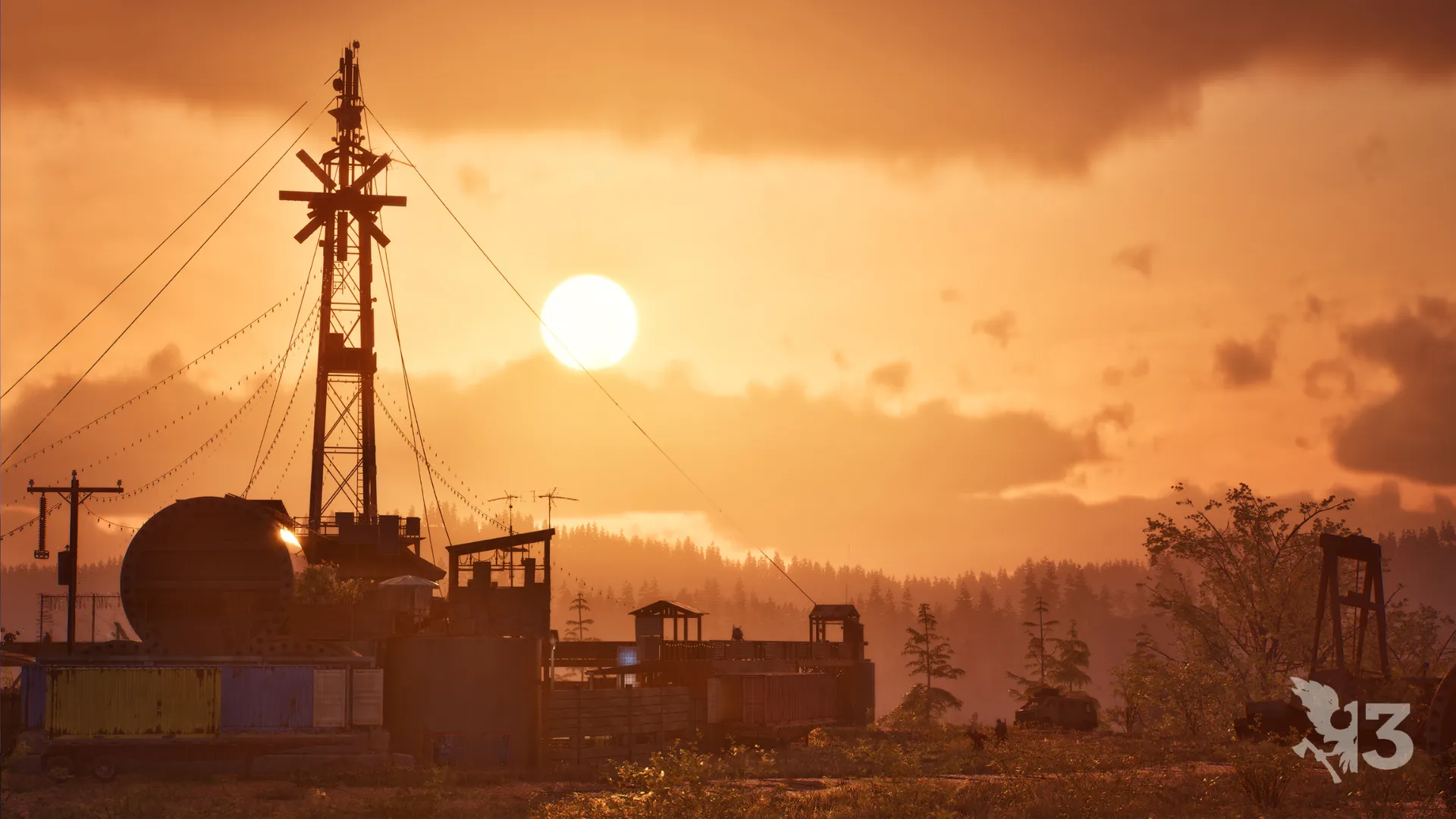 A State of Decay 3 survivor base with a tall radio tower silhouetted against an orange sunset.