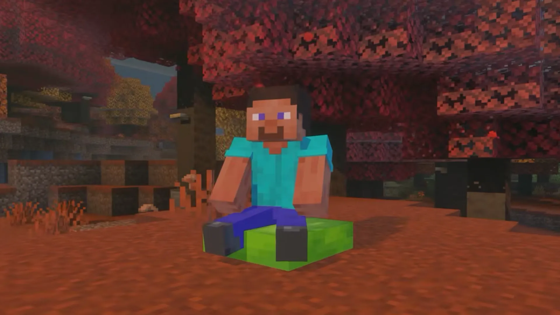 Steve sits on a green cushion under red and orange trees in a Minecraft forest.