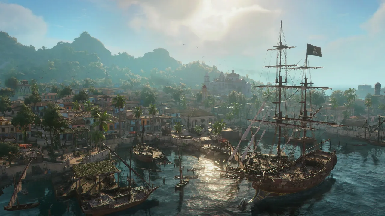 A bustling Caribbean harbor filled with sailing ships in Assassin's Creed Black Flag Resynced.