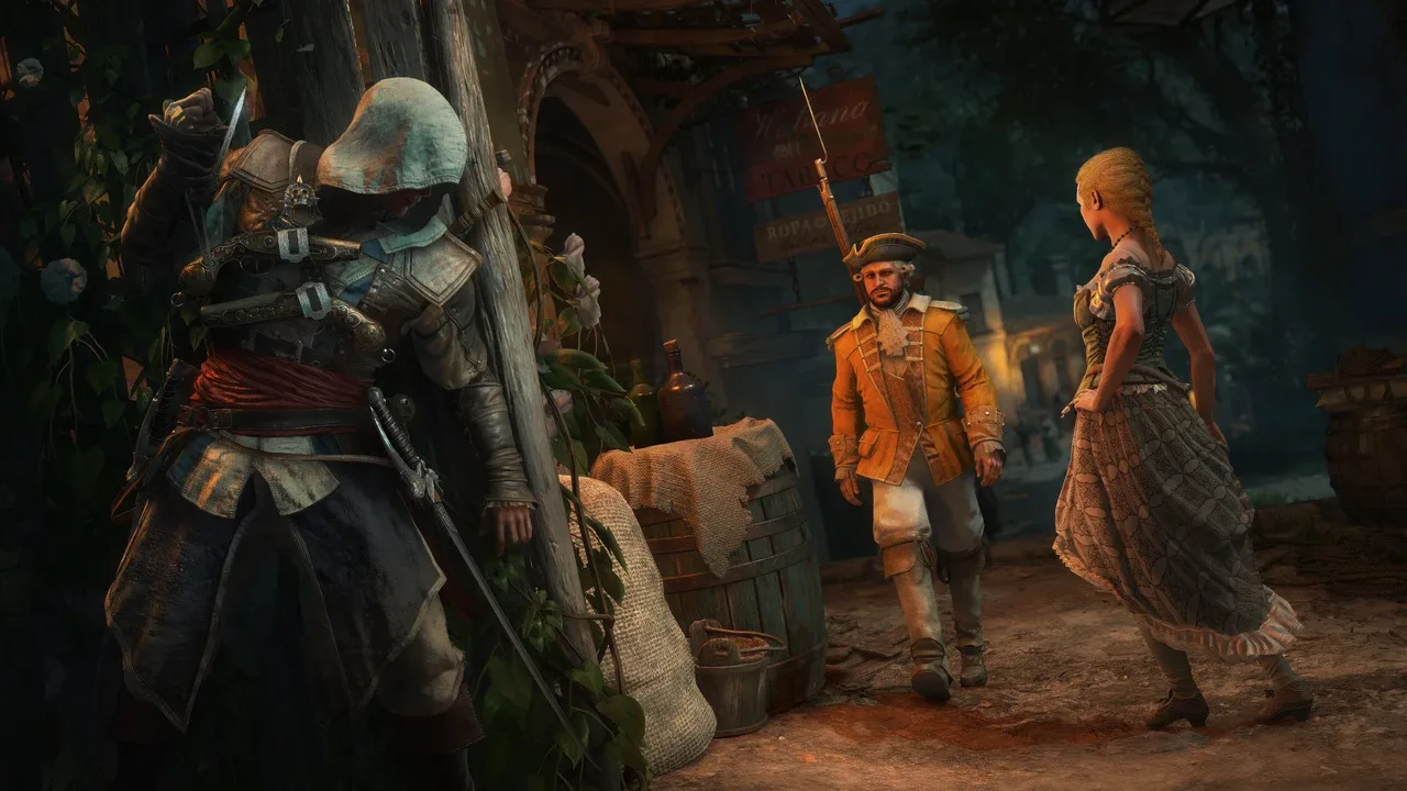 Edward Kenway hiding behind a corner while spying on civilians in Assassin's Creed Black Flag Resynced.