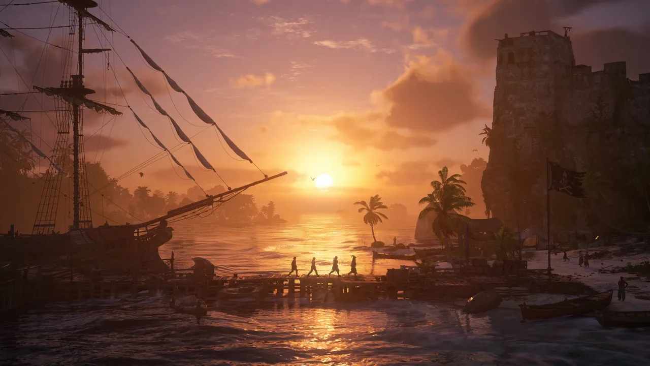 A tropical Caribbean coastline at sunset with pirate ships anchored near the shore in Assassin's Creed Black Flag Resynced.