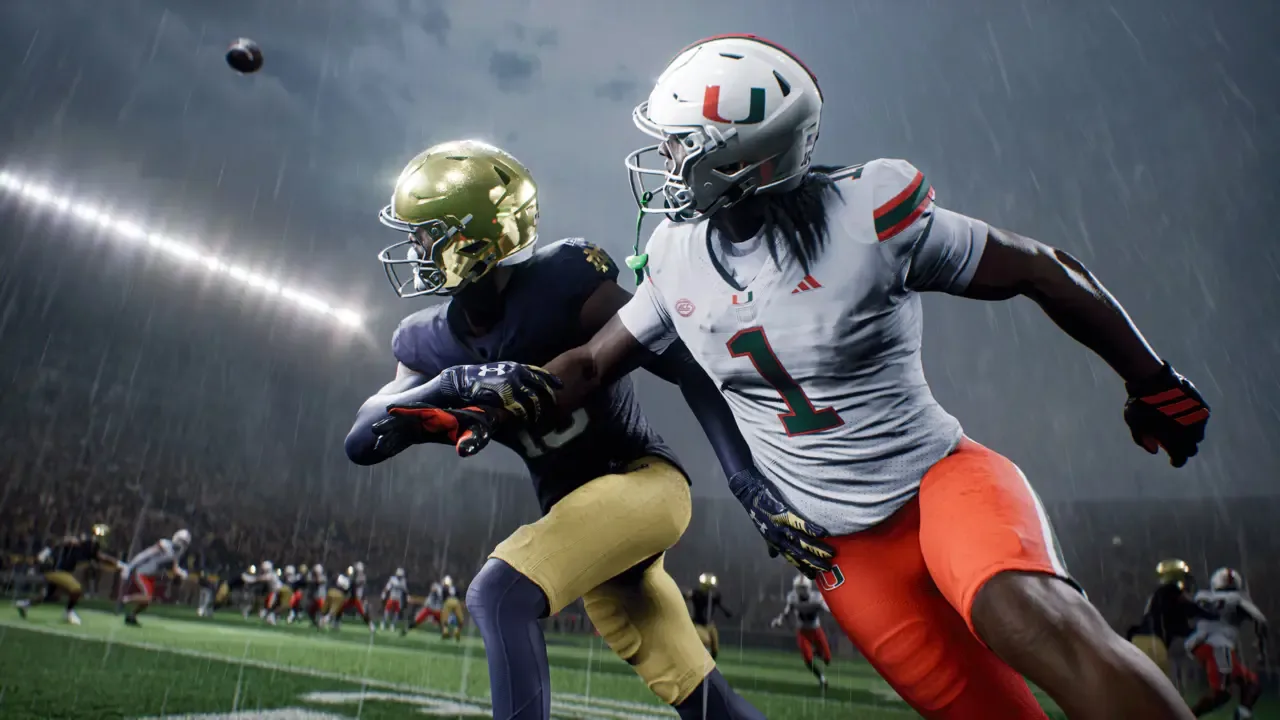 Player from Miami catches a pass while being defended in EA Sports College Football 27.