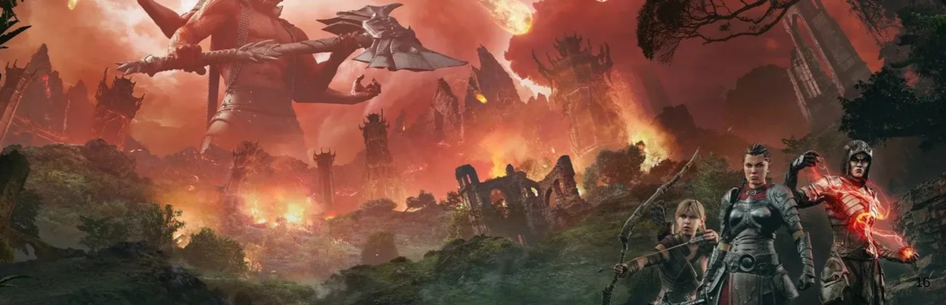 Three Elder Scrolls Online heroes stand before a Daedric battlefield with a giant demon and falling meteors.