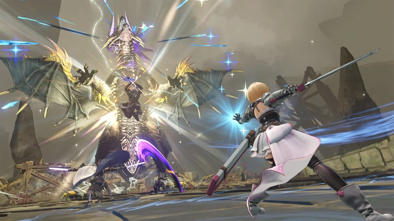 Beatrix battles a massive dragon-like boss in Granblue Fantasy: Relink – Endless Ragnarok.