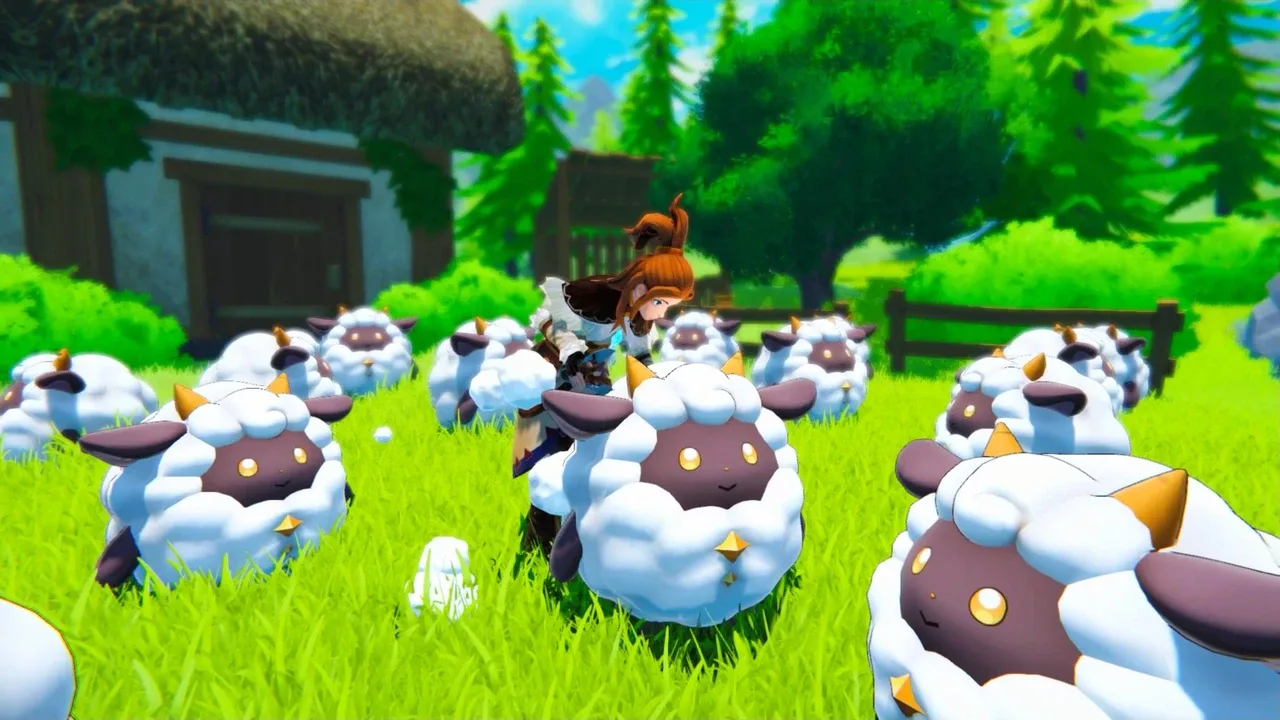 Player manages a ranch filled with grazing Lamball Pals in Palworld.