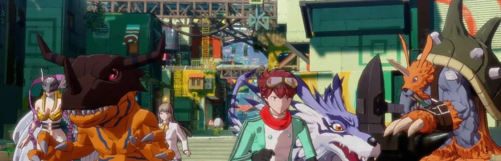 Main cast of Digimon Story: Time Stranger running through the Digital World alongside partner Digimon including Agumon, Gabumon, and Angoramon.
