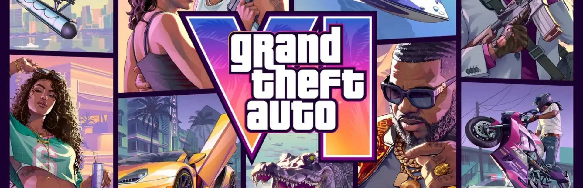 Grand Theft Auto VI logo surrounded by illustrated scenes of characters, vehicles, weapons and Vice City locations