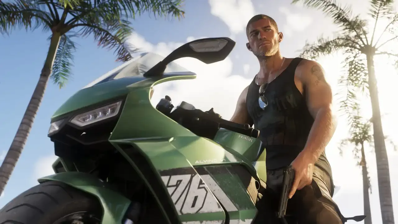A GTA VI character standing beside a green sports motorcycle while holding a handgun.