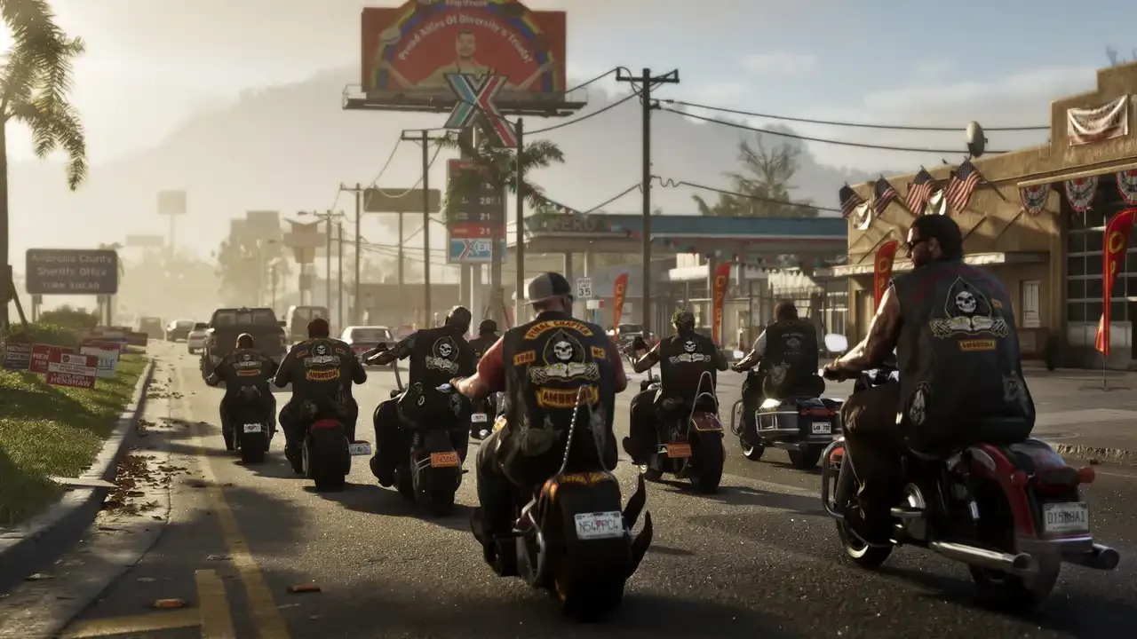A motorcycle gang riding together along a sunlit road in Grand Theft Auto VI.