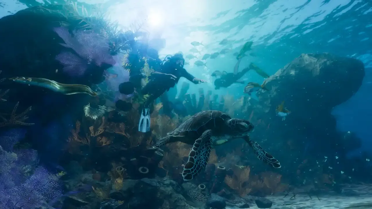 Scuba divers exploring a colorful coral reef alongside sea turtles and tropical fish in GTA VI.