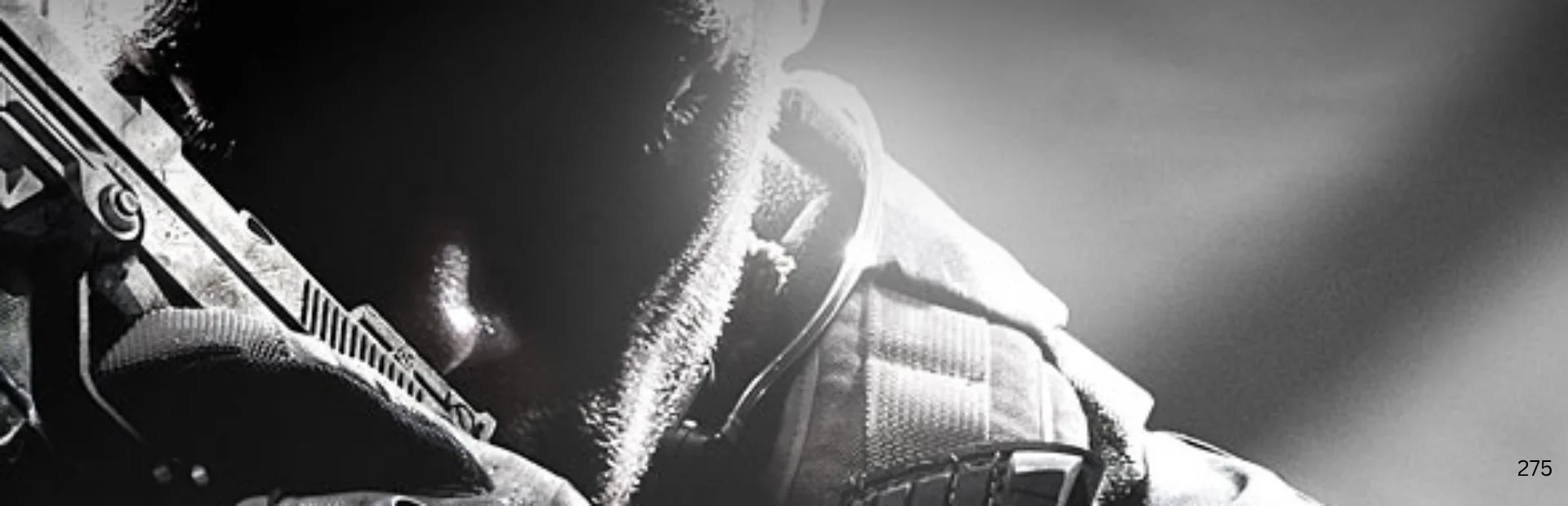 A shadowed Call of Duty soldier holds a pistol in dramatic black-and-white artwork.