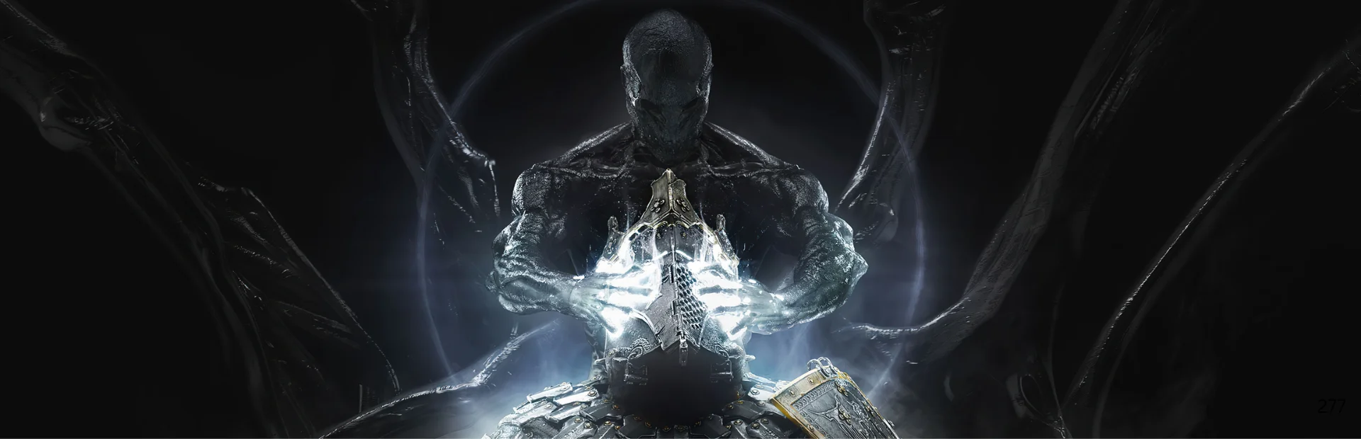 A hooded warrior holds a flaming weapon in dark Mortal Shell II artwork.