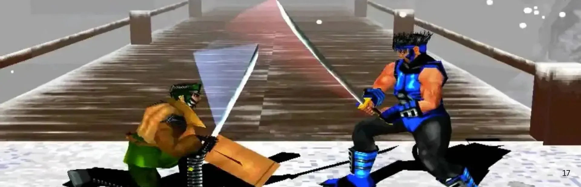 Two Bushido Blade 2 fighters clash with swords on a snowy bridge.
