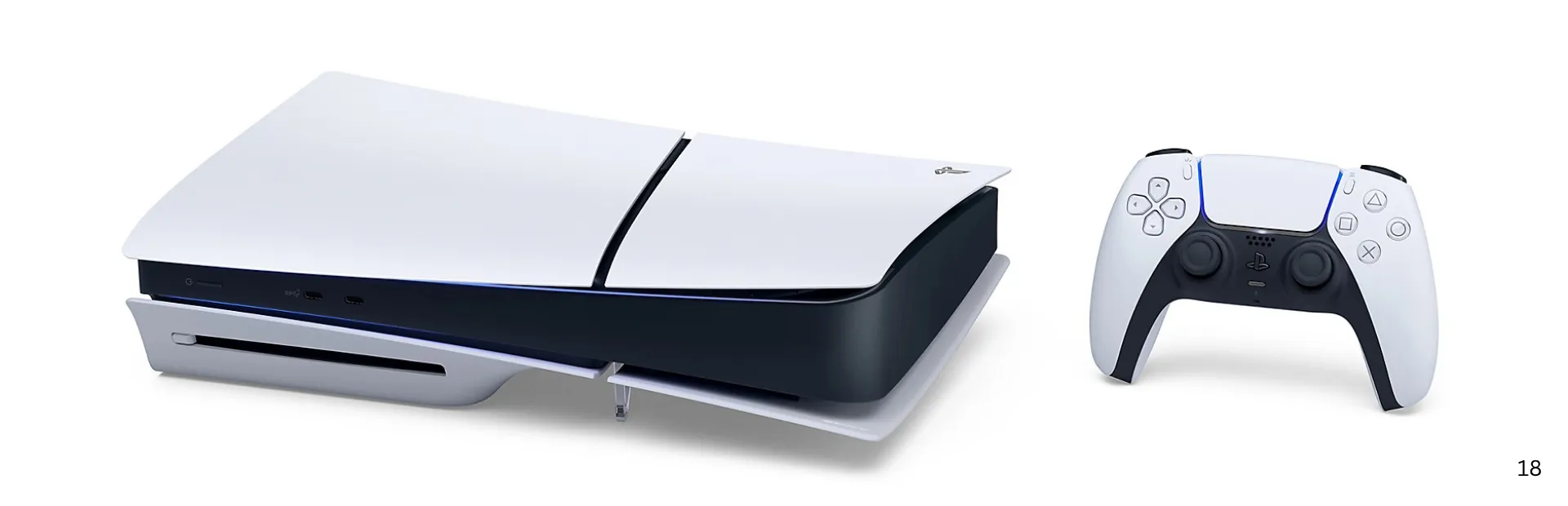 A PlayStation 5 console with a disc drive shown beside a white DualSense controller.