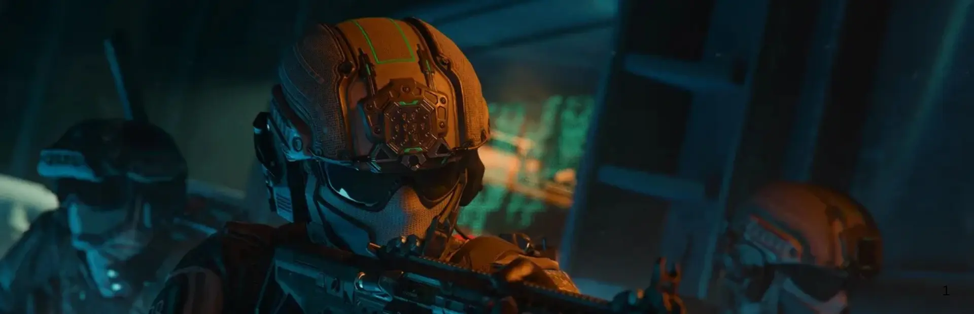 Three futuristic soldiers wearing tactical helmets and visors prepare for combat in a dimly lit interior.