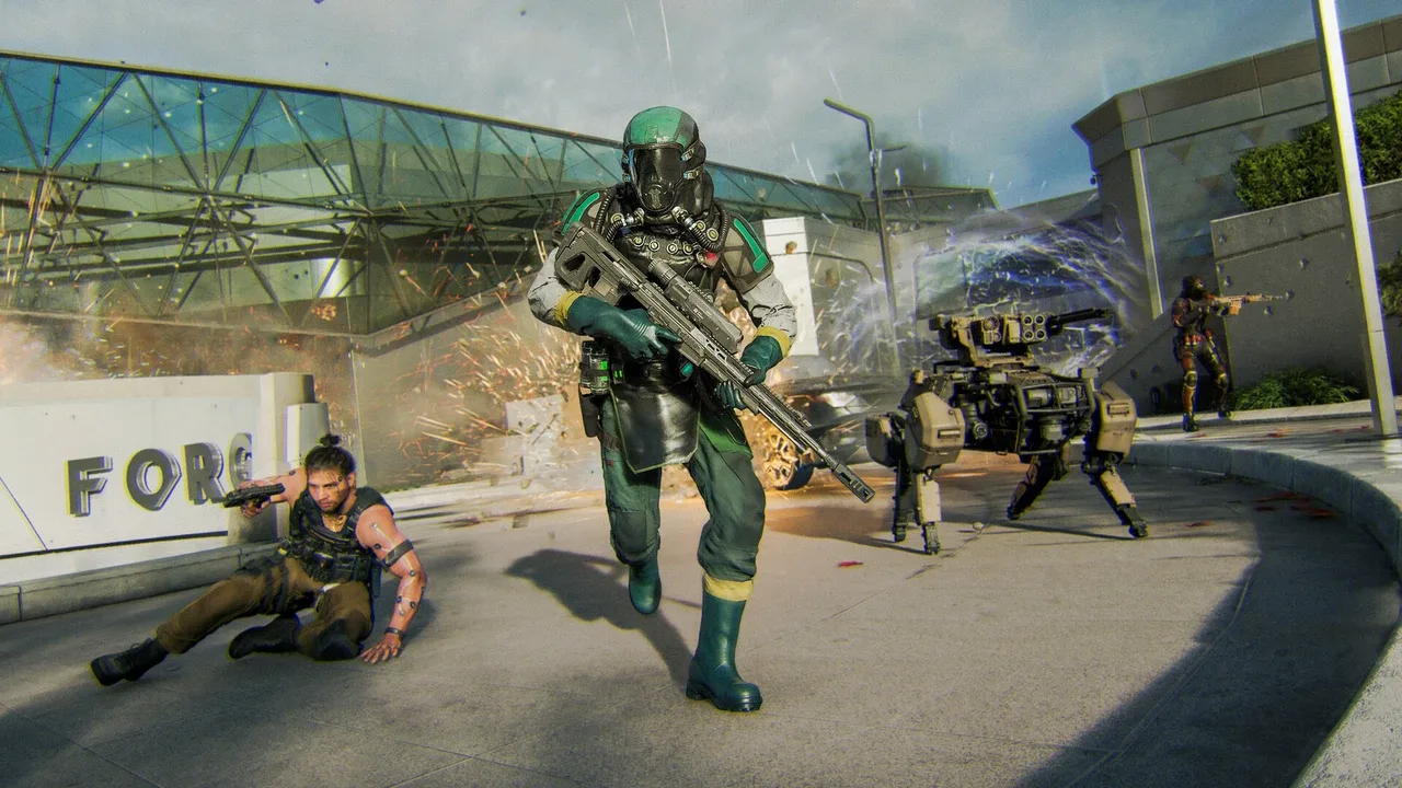 Armed soldiers and a combat robot advance through a futuristic facility during an explosion in Call of Duty: Black Ops 7.