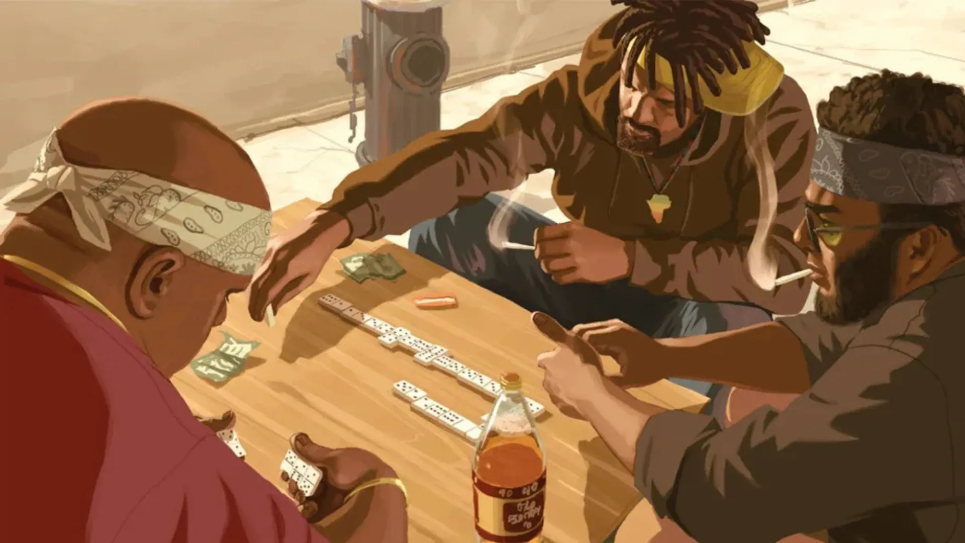 Three men play dominoes at a wooden table with a bottle of liquor and cash, smoking, in GTA IV artwork.