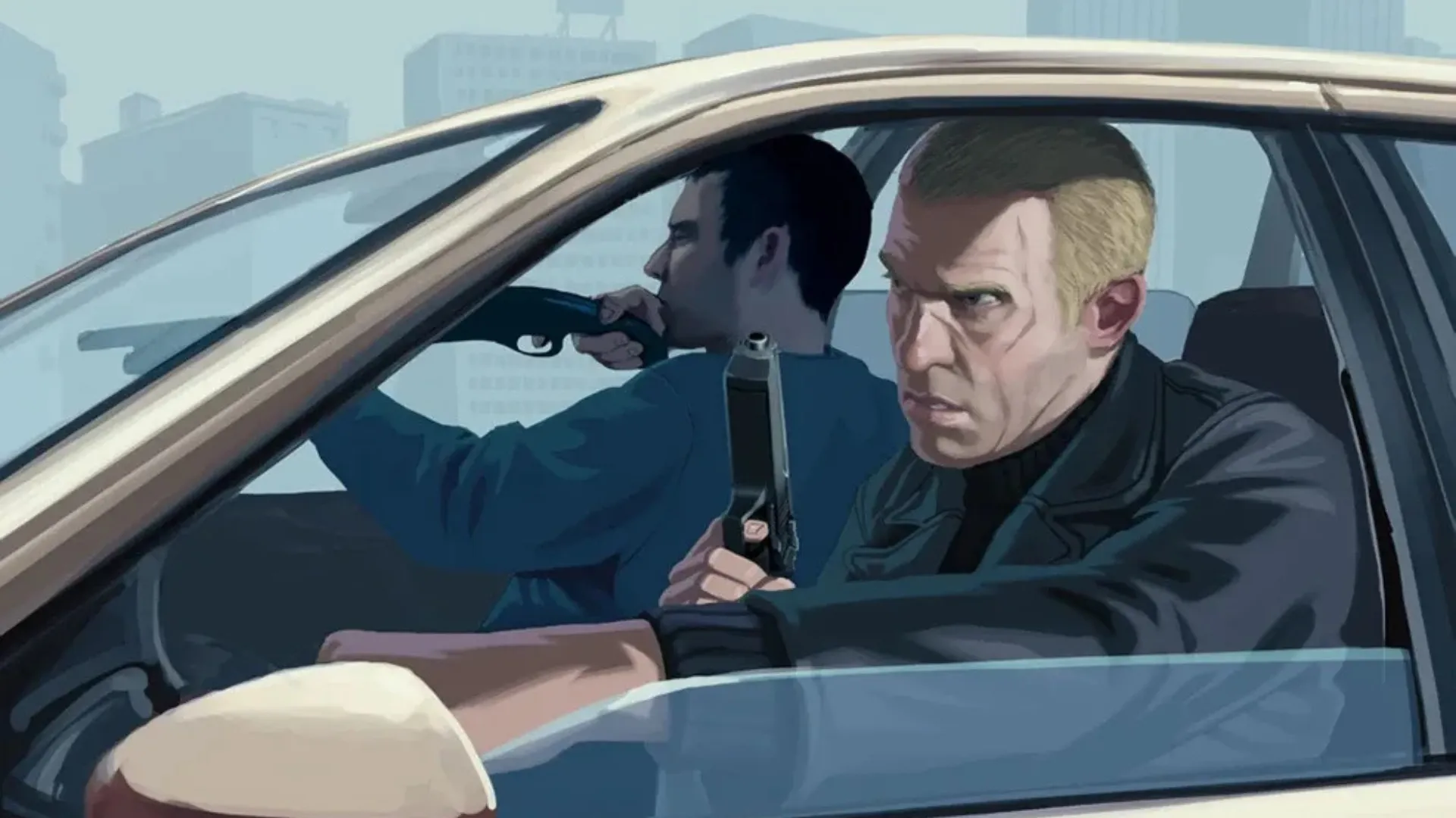 A dark-haired man points a pistol at a tense blonde driver inside a car, with a city skyline behind, in GTA IV artwork.