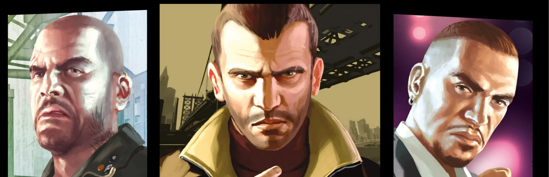Three-panel GTA IV artwork showing Niko Bellic in the center between a bald biker and a man in a suit checking a gold watch.