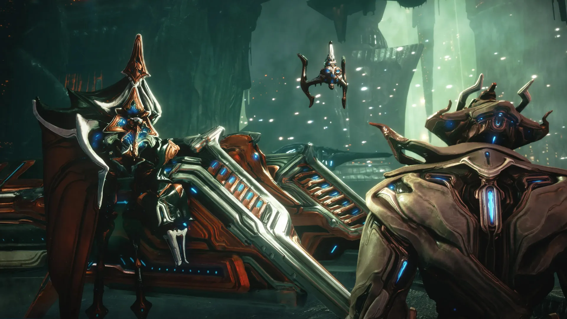Ornate Sentient figures and a flying Sentient creature inside a glowing green ruined city in Warframe: Tau.