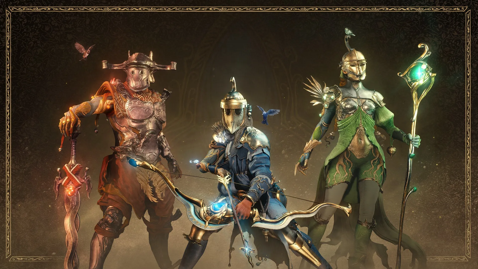 Three Soulframe characters in ornate fantasy armor, one with a bow and one holding a green glowing staff, with birds nearby.