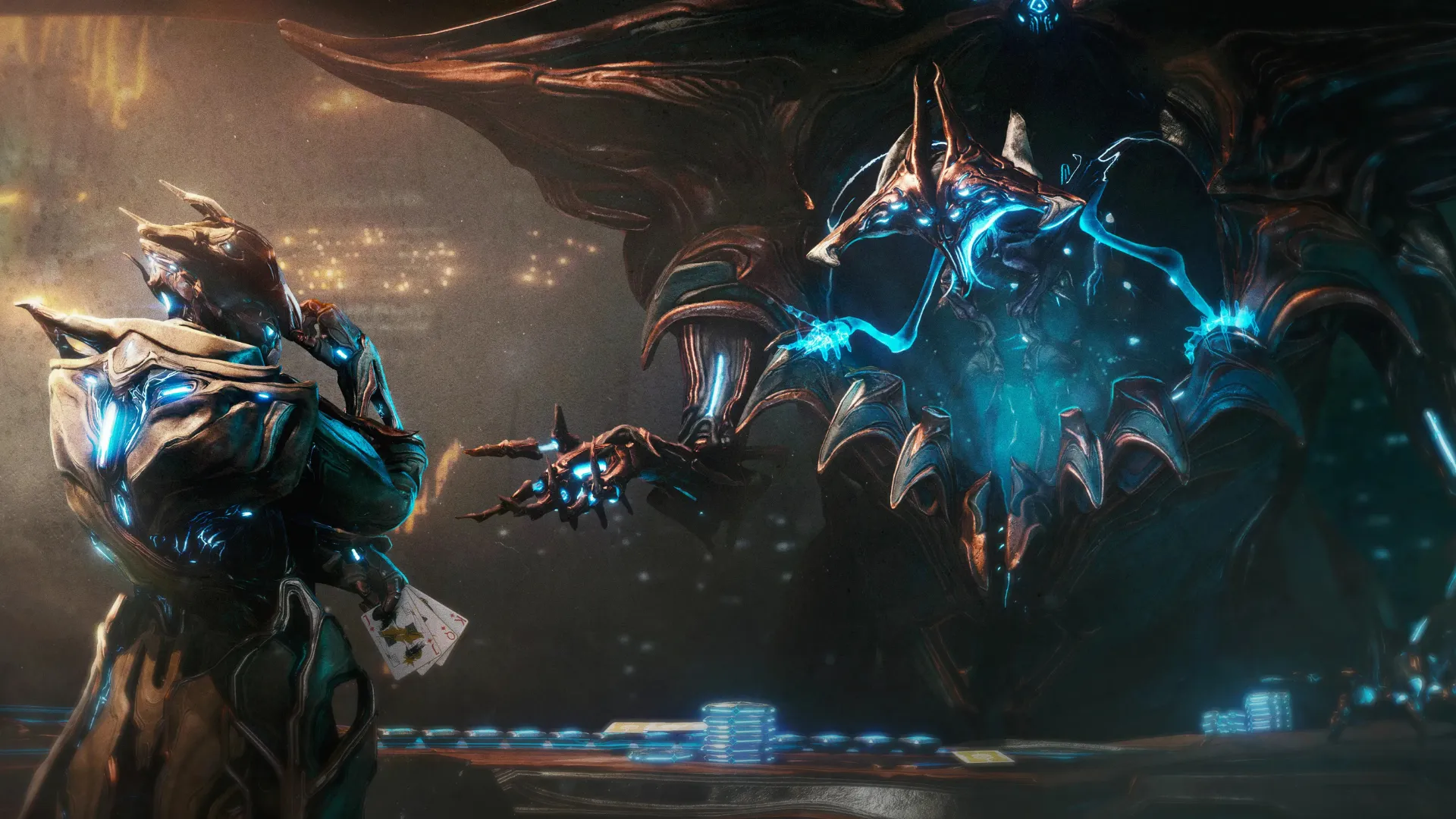 A Warframe holds playing cards across a casino table stacked with glowing chips, facing a huge horned Sentient creature.