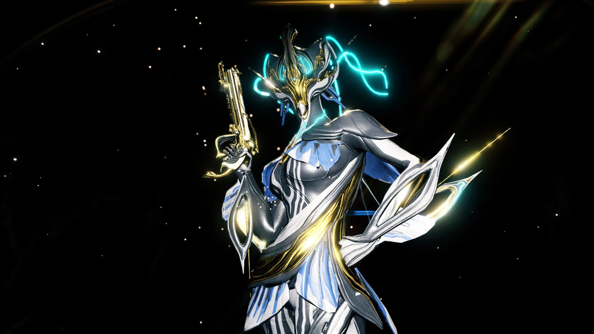 The Banshee Warframe in white and gold armor poses with a golden pistol against a dark starry background.