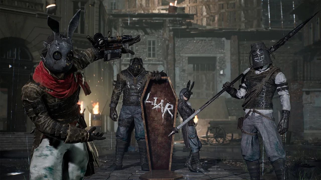 Four masked enemies armed with unusual weapons stand in a rain-soaked ruined street in Lies of P.
