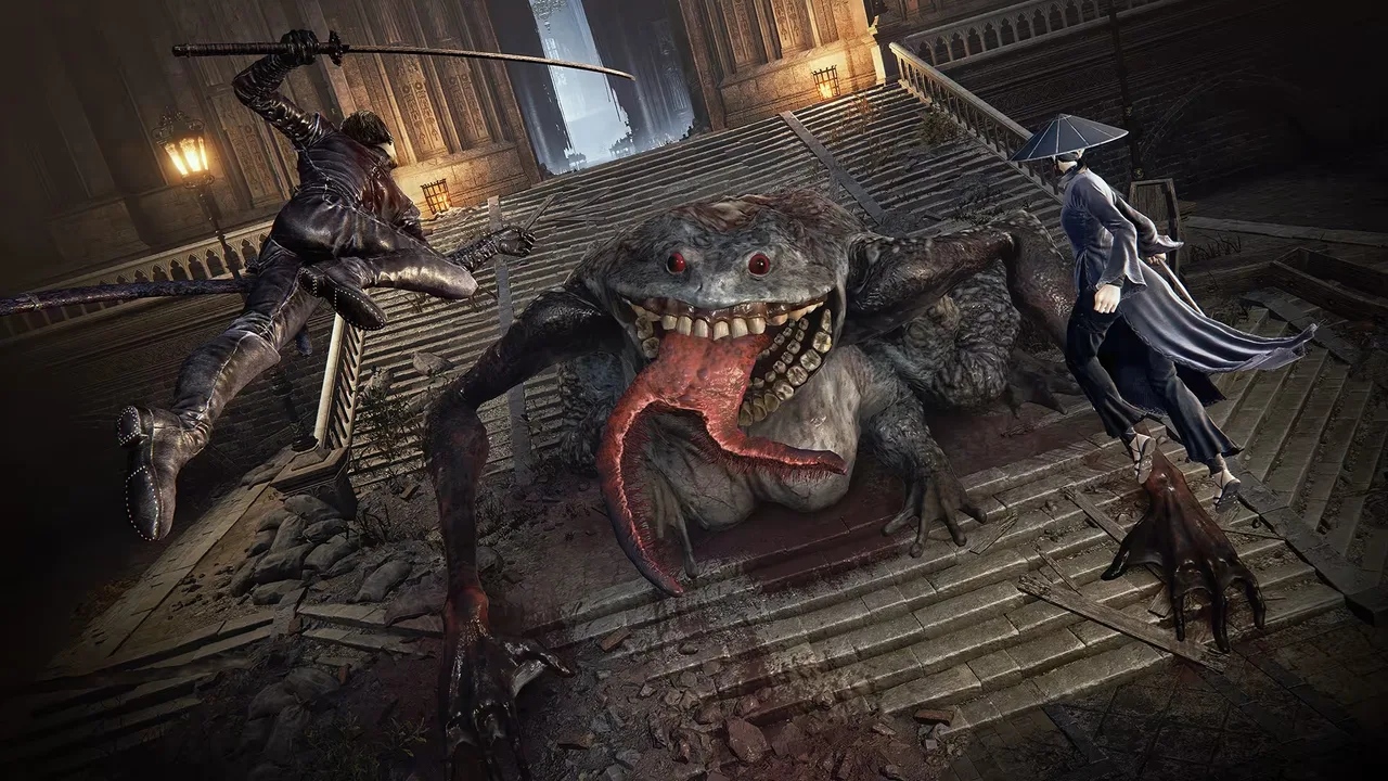 wo Bloodsworn fighters battle a giant frog-like monster on the steps of a dark gothic castle in The Duskbloods.
