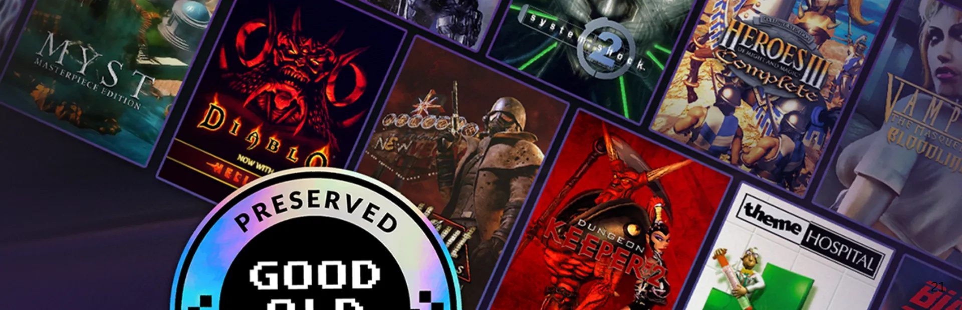 The holographic GOG Preserved badge over a collage of classic PC game covers including Diablo and Heroes III.