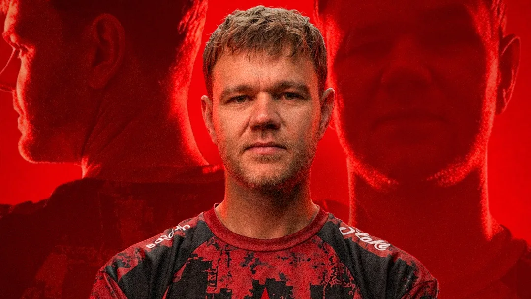 Filip "NEO" Kubski in a Astralis team jersey poses against a dramatic red background featuring side-profile portraits.
