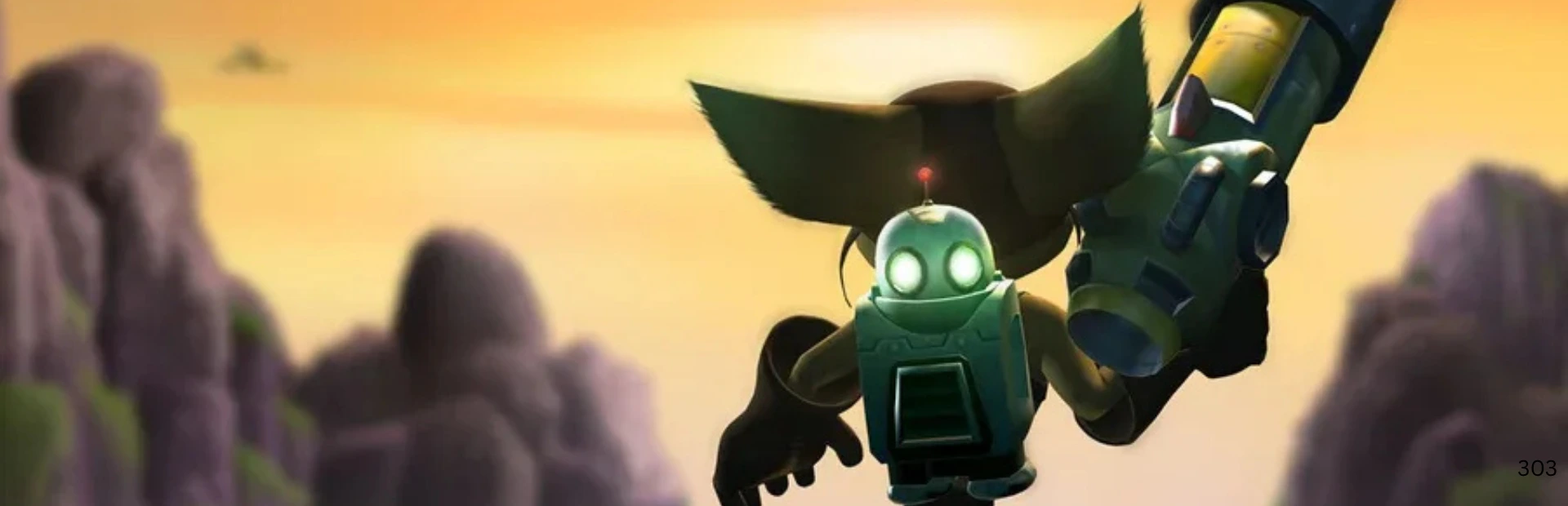 Clank holding a large weapon against a warm rocky background
