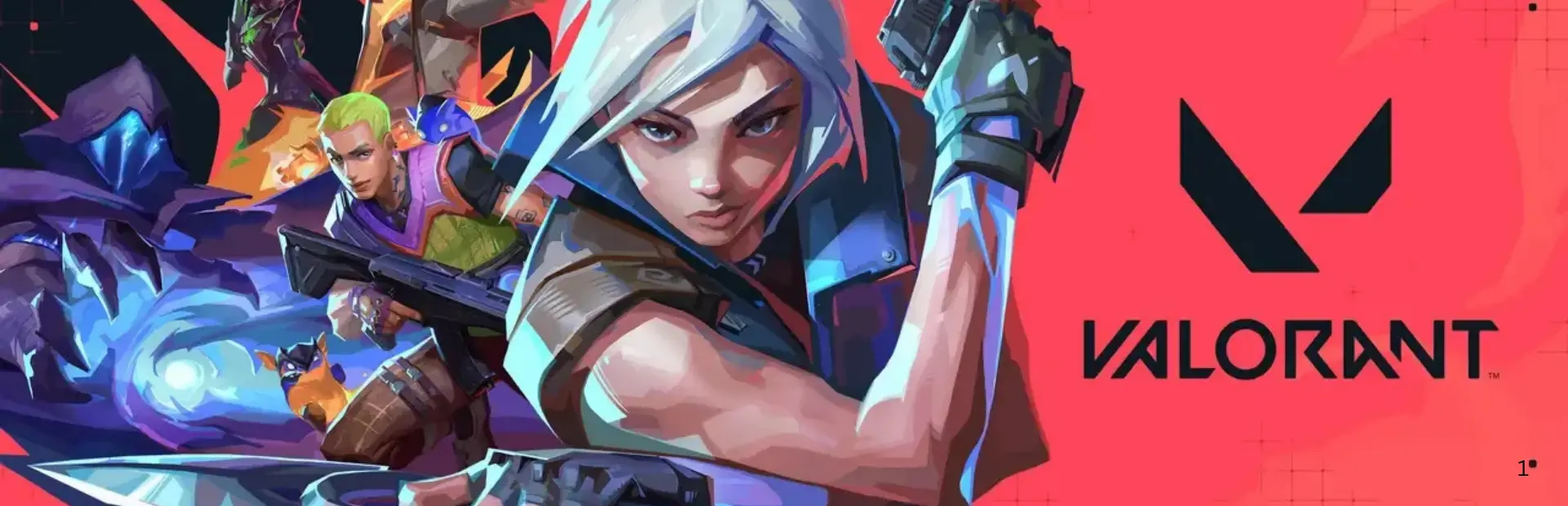 Valorant agents, led by Jett, appear beside the game’s logo on a red promotional background.