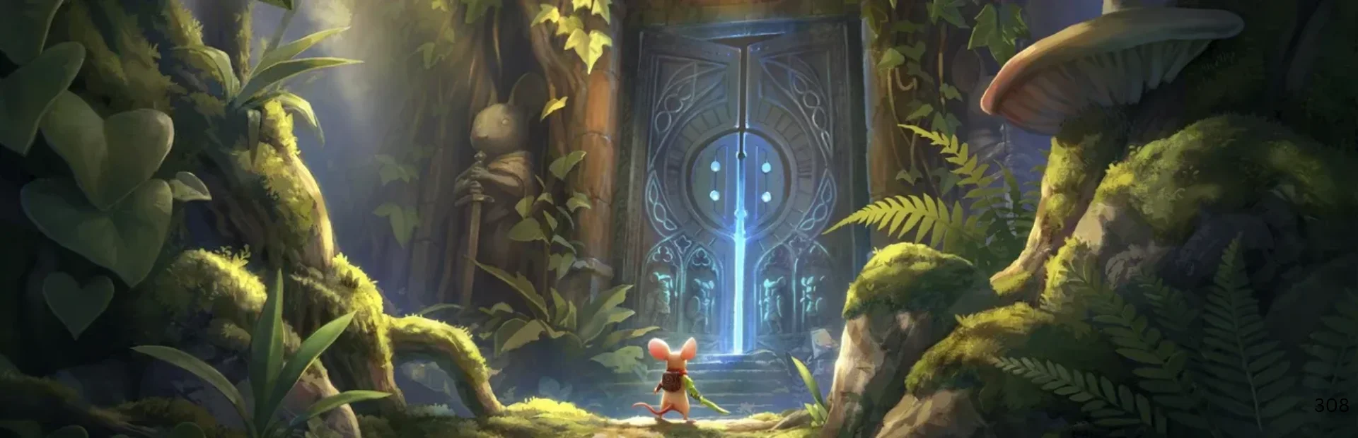 Quill stands before a glowing door in a lush fantasy forest in Moss: The Forgotten Relic artwork.