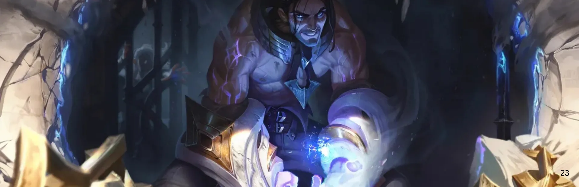 Official League of Legends artwork of Sylas crouching and channeling blue magic between golden shackles.