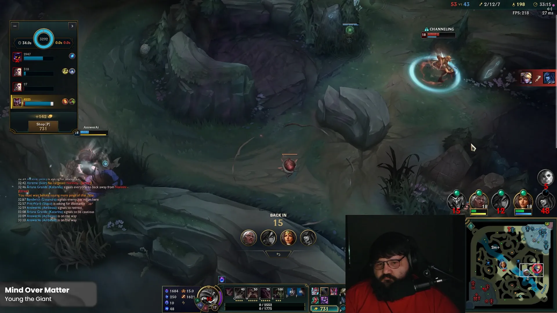 Streamer Pink Ward plays League of Legends, shown in a webcam overlay beside jungle gameplay and a recall timer.