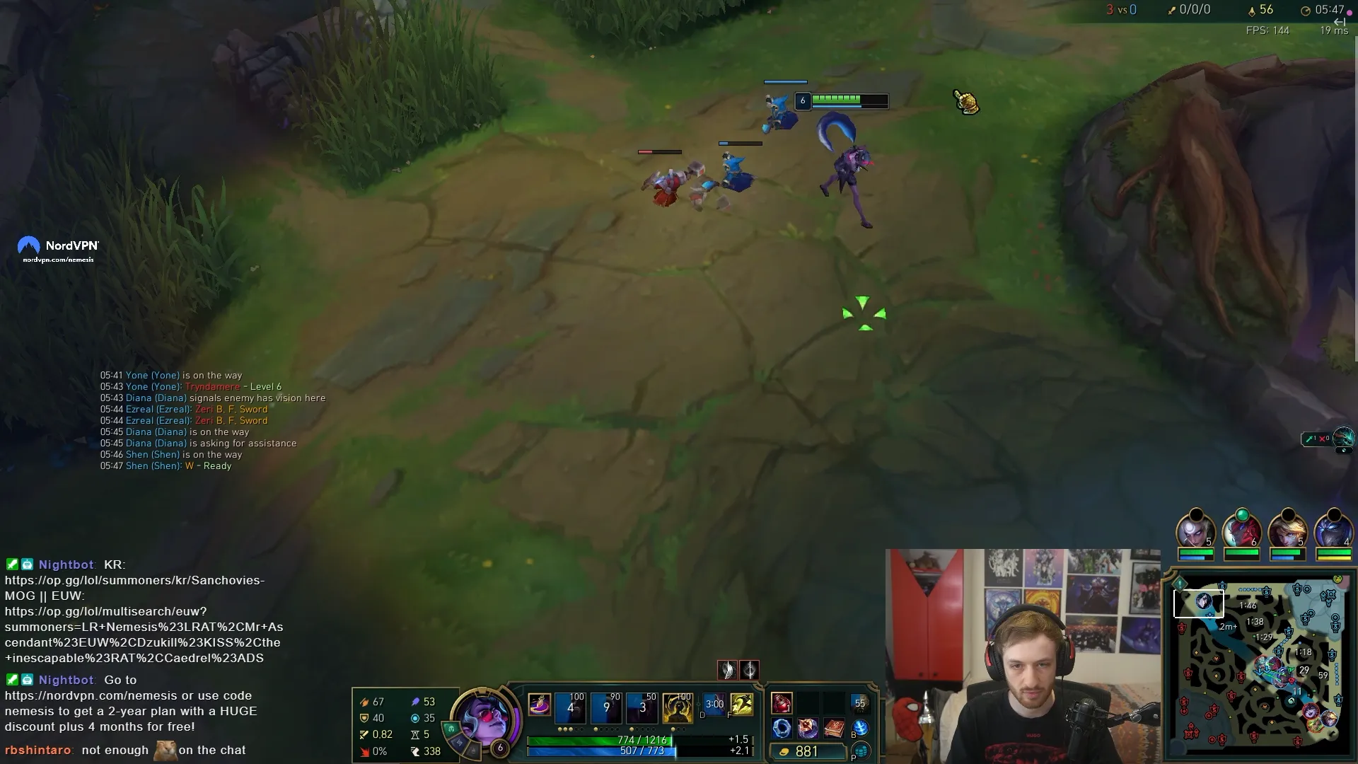 Streamer Nemesis plays League of Legends in an early-game fight, shown in a webcam overlay beside a NordVPN banner.