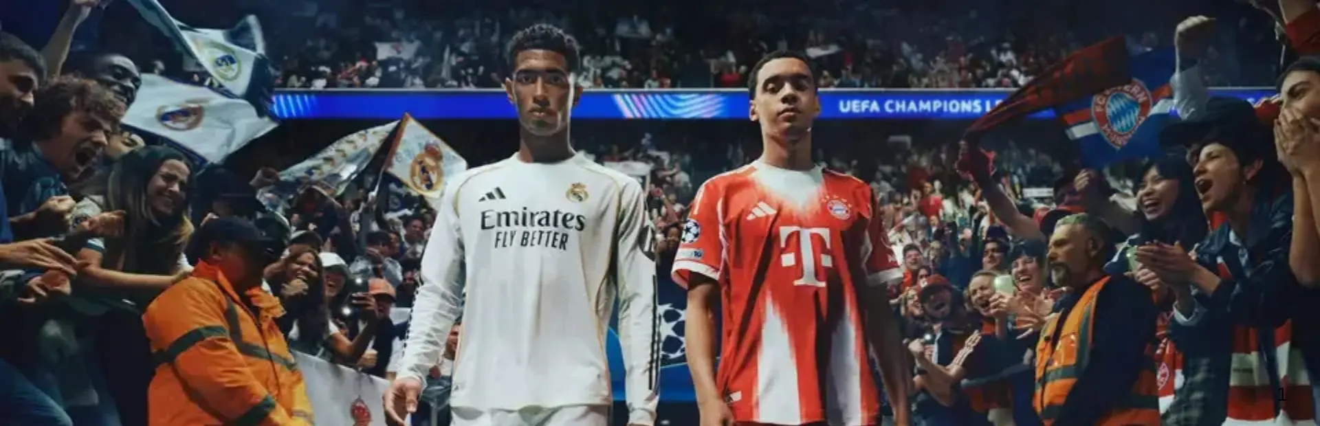 Jude Bellingham and Jamal Musiala walk onto the pitch in Real Madrid and Bayern Munich kits in EA Sports FC 26.